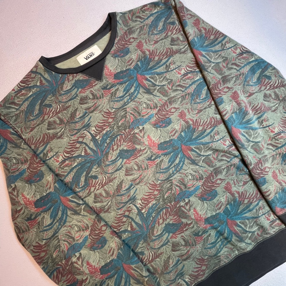Vans Mens Large Tropical Floral Leaf Crewneck Sweatshirt Green Teal Pullover